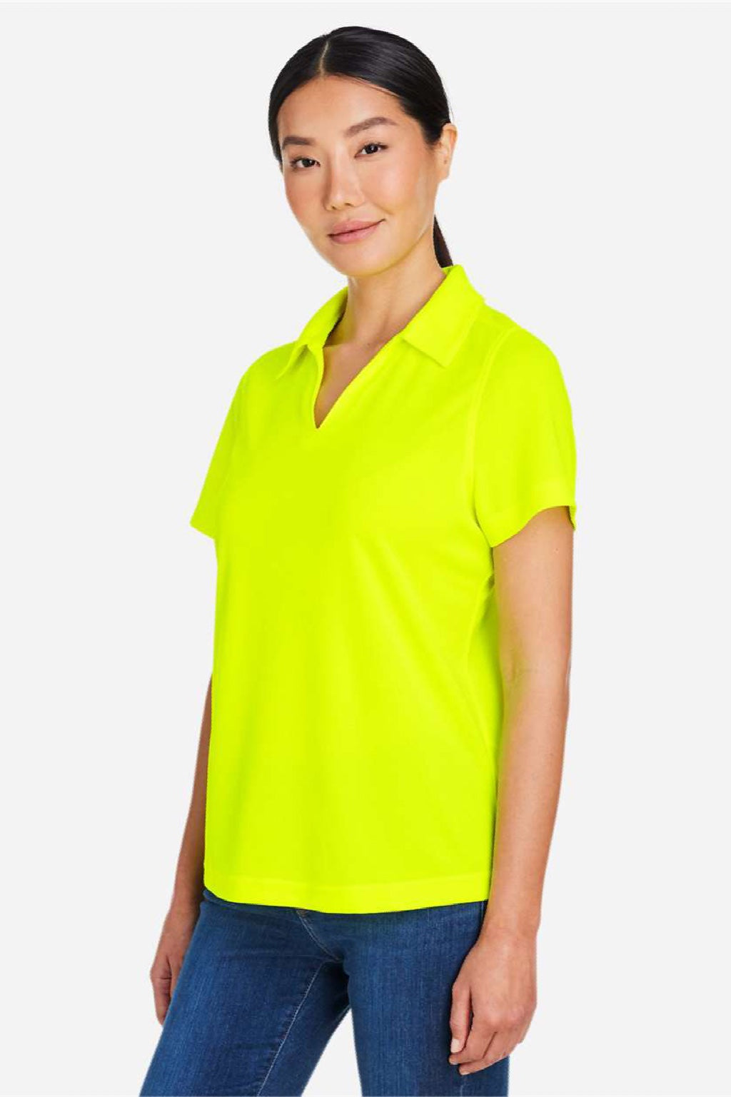 Core 365 CE104W Womens Market Snag Resistant Mesh Short Sleeve Polo Shirt Safety Yellow Model Side