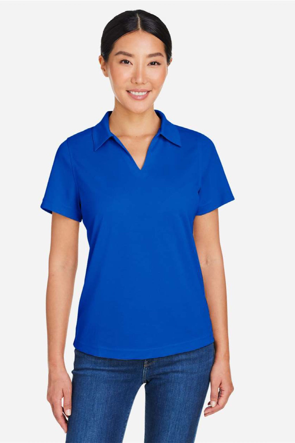 Core 365 CE104W Womens Market Snag Resistant Mesh Short Sleeve Polo Shirt True Royal Blue Model Front