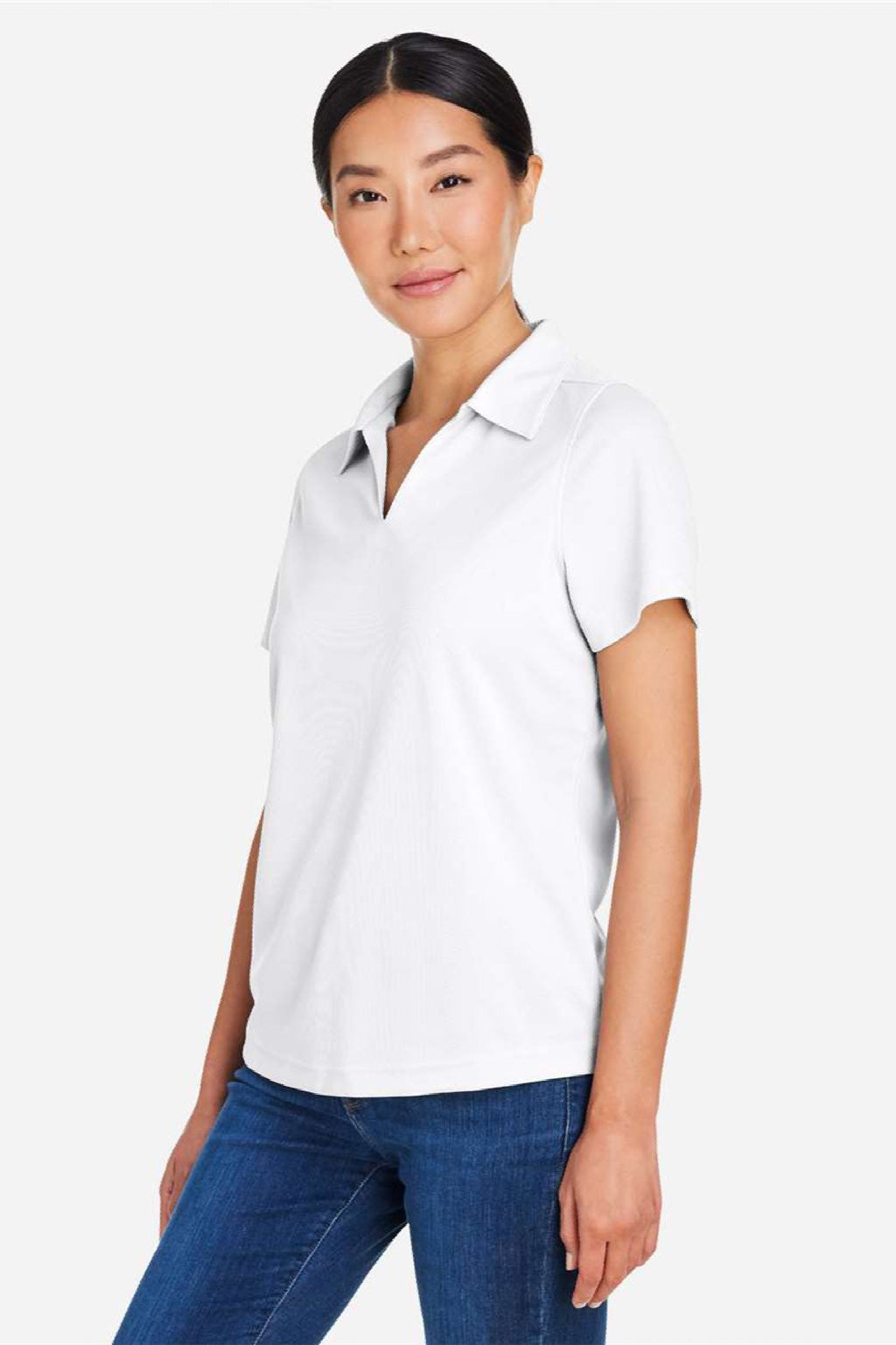Core 365 CE104W Womens Market Snag Resistant Mesh Short Sleeve Polo Shirt White Model Side