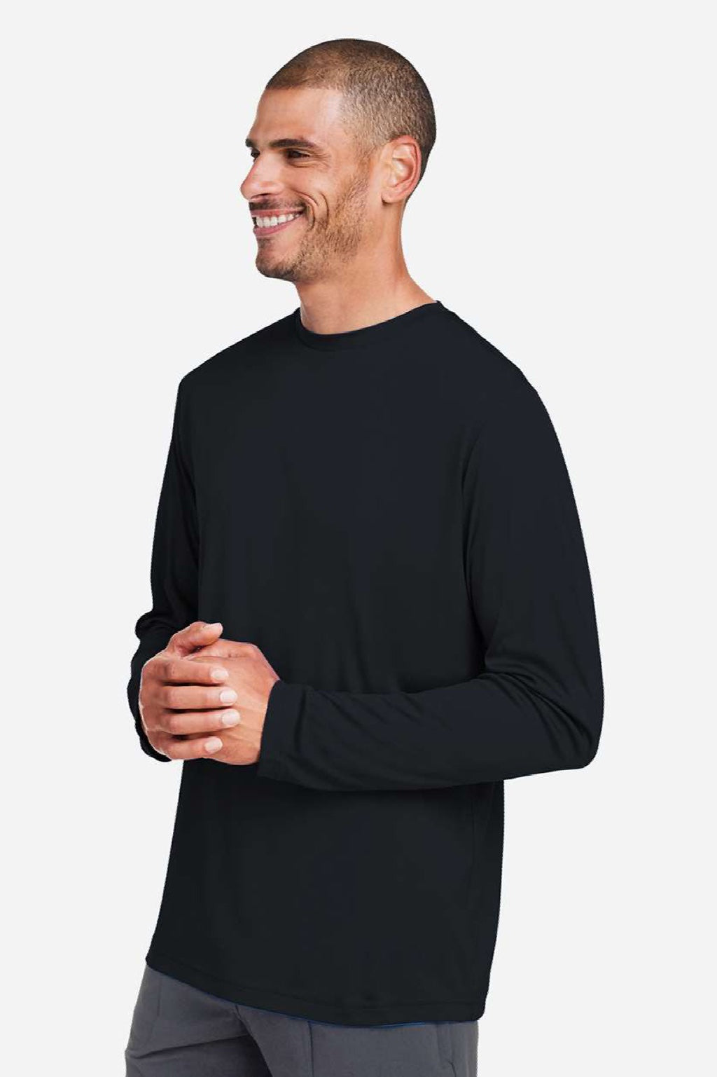 Core 365 CE10L Mens Capital Performance Long Sleeve Crewneck T-Shirt Black Model Side