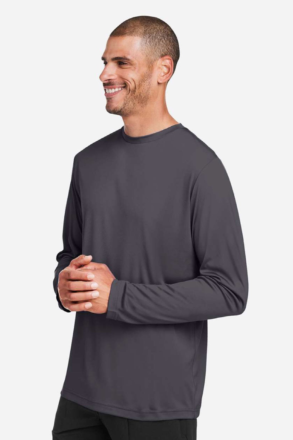 Core 365 CE10L Mens Capital Performance Long Sleeve Crewneck T-Shirt Carbon Grey Model Side