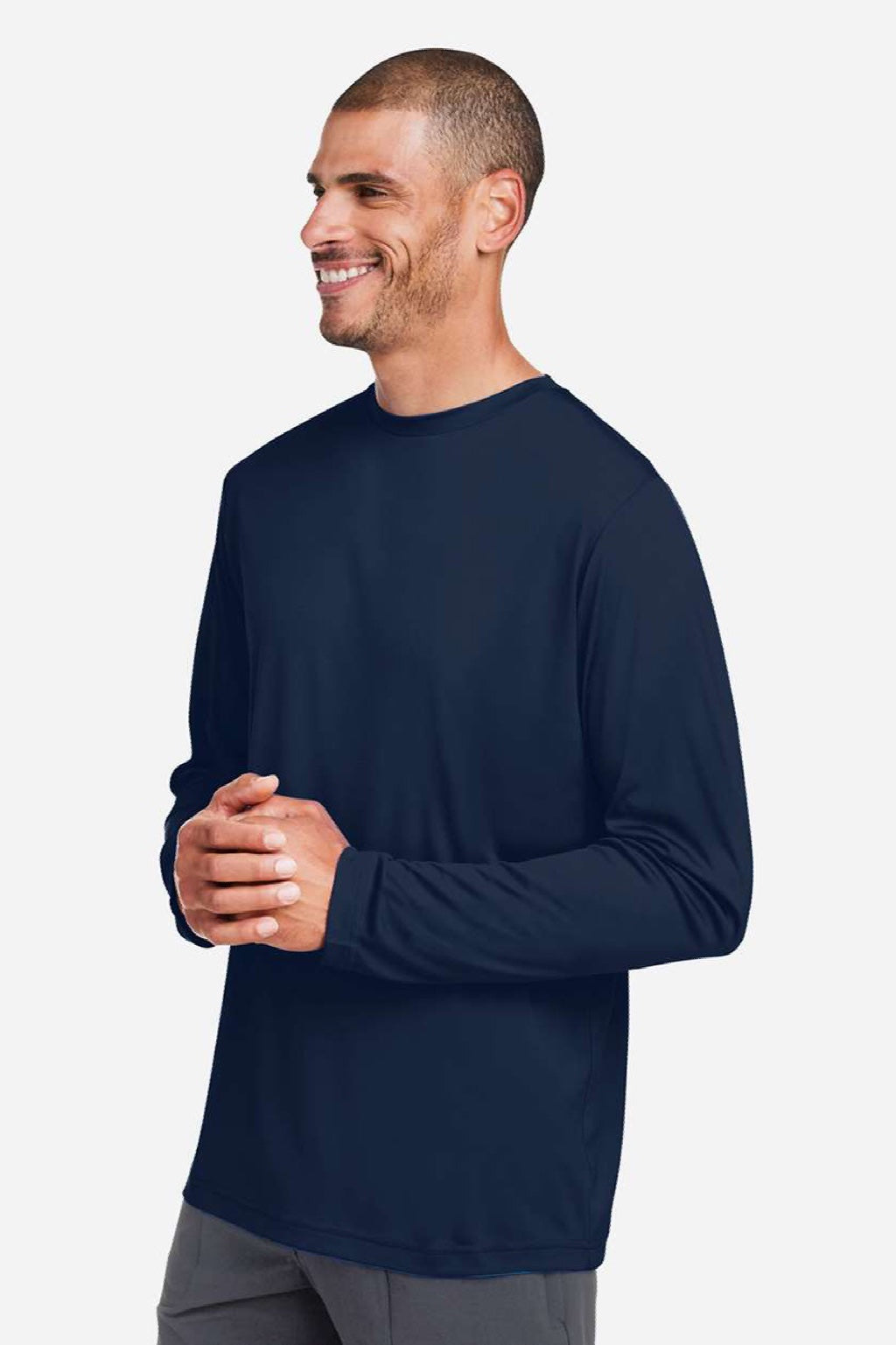 Core 365 CE10L Mens Capital Performance Long Sleeve Crewneck T-Shirt Classic Navy Blue Model Side