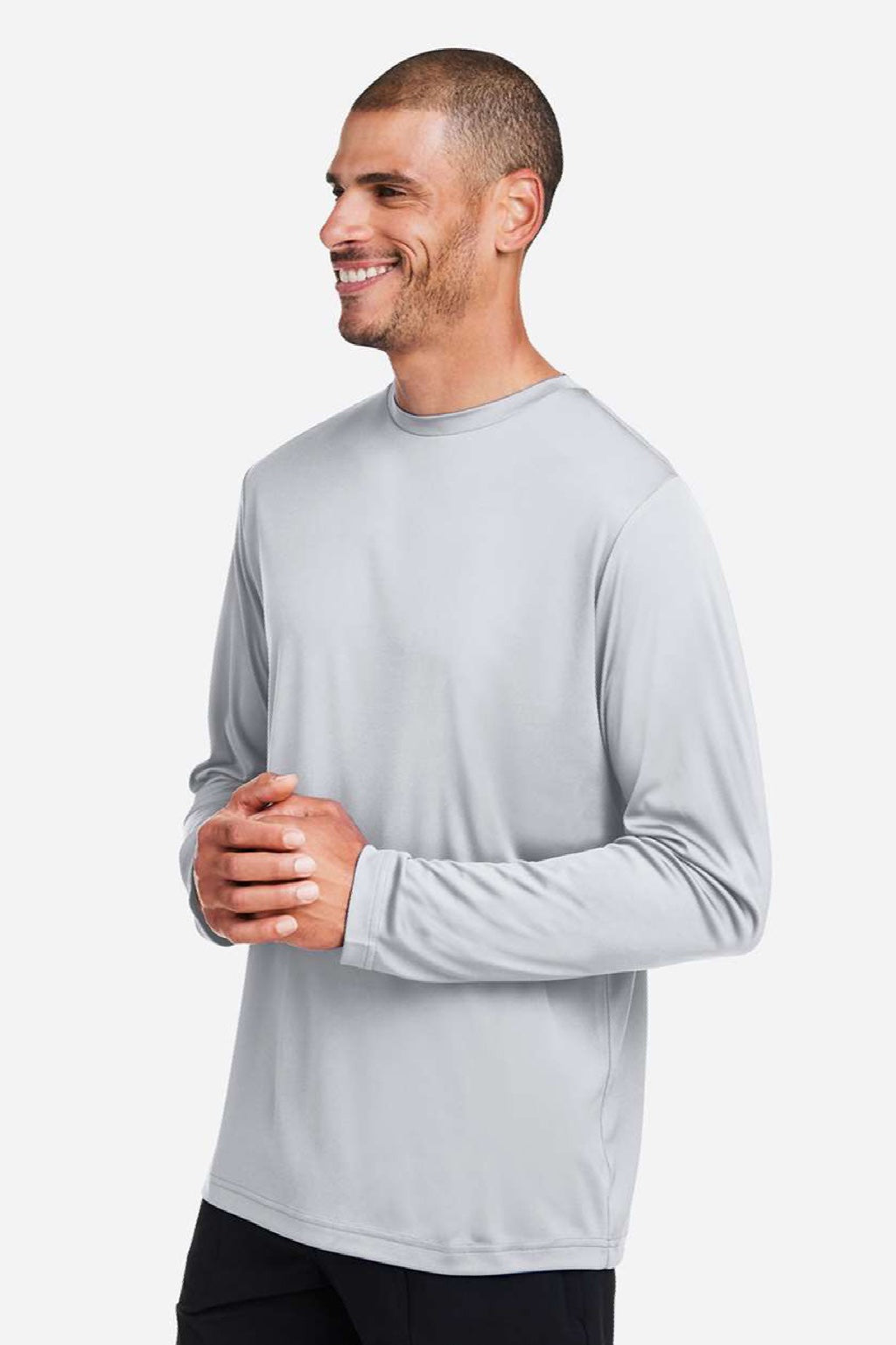 Core 365 CE10L Mens Capital Performance Long Sleeve Crewneck T-Shirt Platinum Grey Model Side