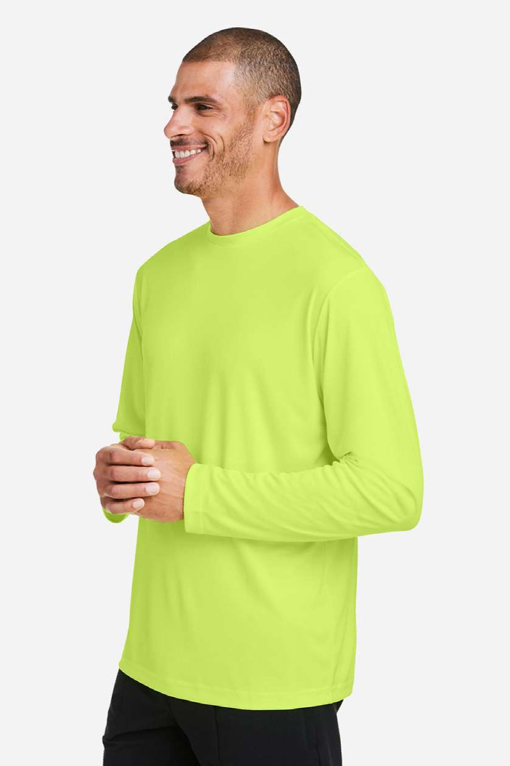 Core 365 CE10L Mens Capital Performance Long Sleeve Crewneck T-Shirt Safety Yellow Model Side