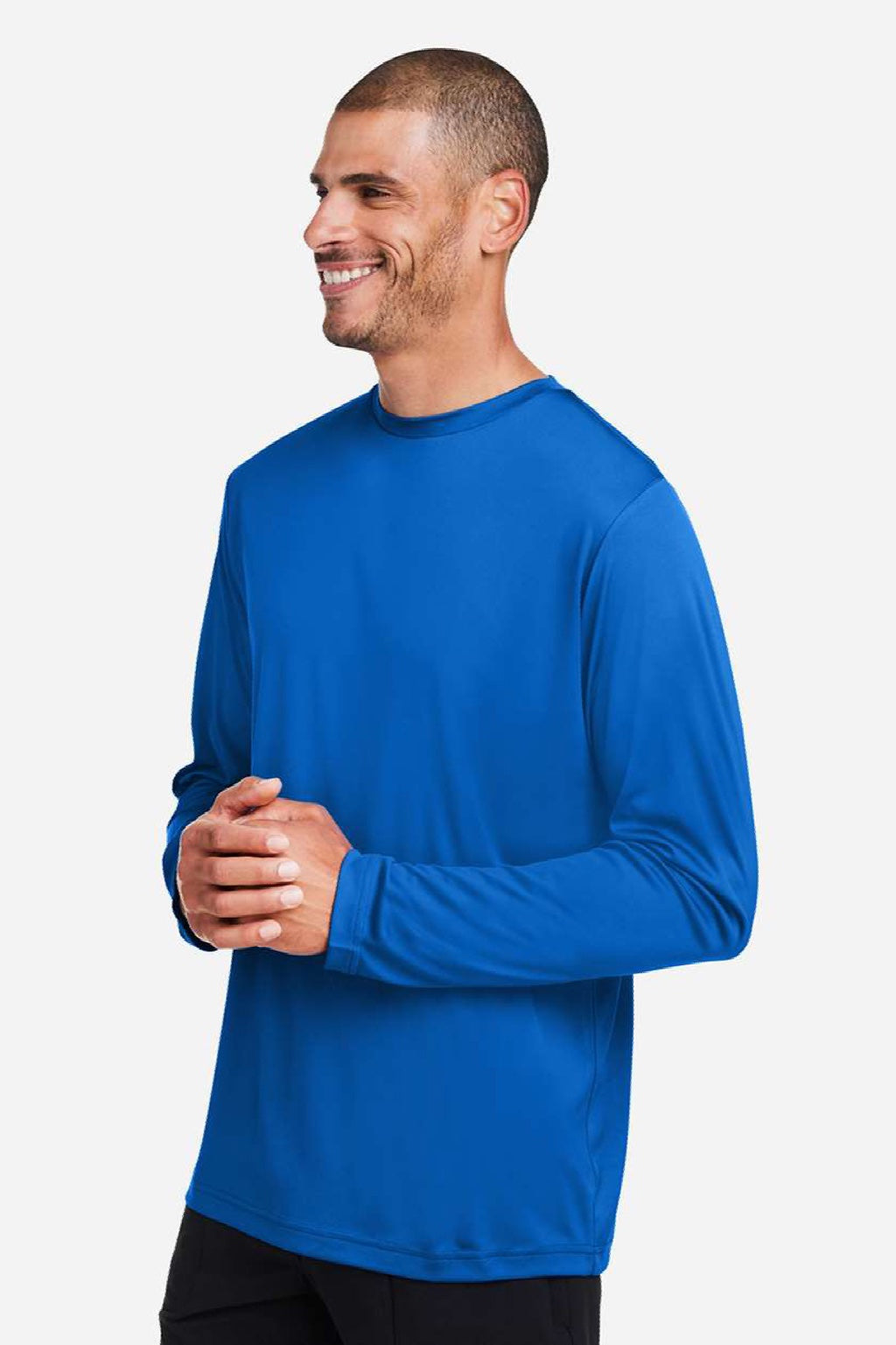 Core 365 CE10L Mens Capital Performance Long Sleeve Crewneck T-Shirt True Royal Blue Model Side