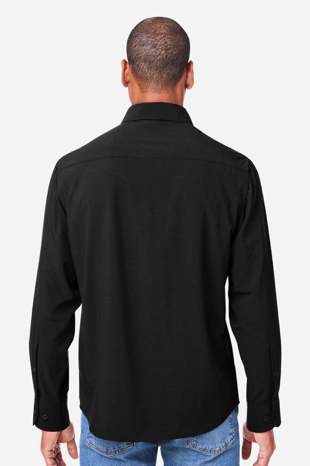 Core 365 CE510L Mens Ultra UVP Marina Long Sleeve Button Down Shirt w/ Double Pockets Black Model Back