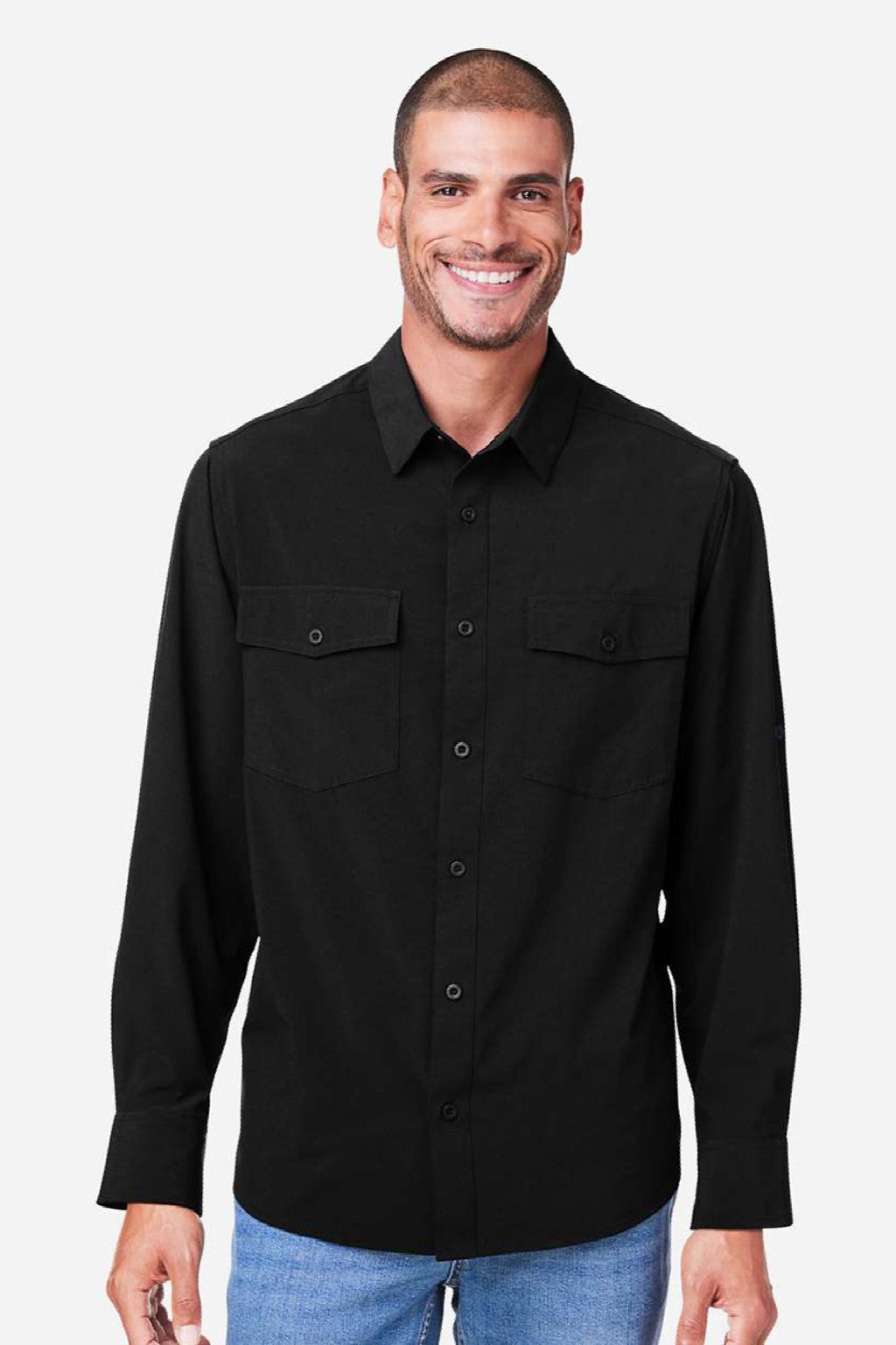 Core 365 CE510L Mens Ultra UVP Marina Long Sleeve Button Down Shirt w/ Double Pockets Black Model Front