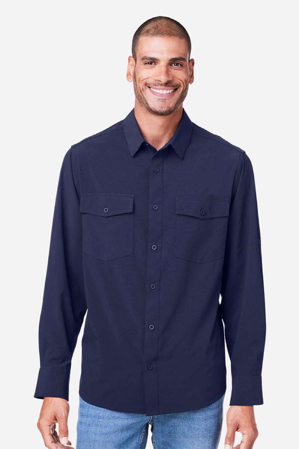 Core 365 CE510L Mens Ultra UVP Marina Long Sleeve Button Down Shirt w/ Double Pockets Classic Navy Blue Model Front