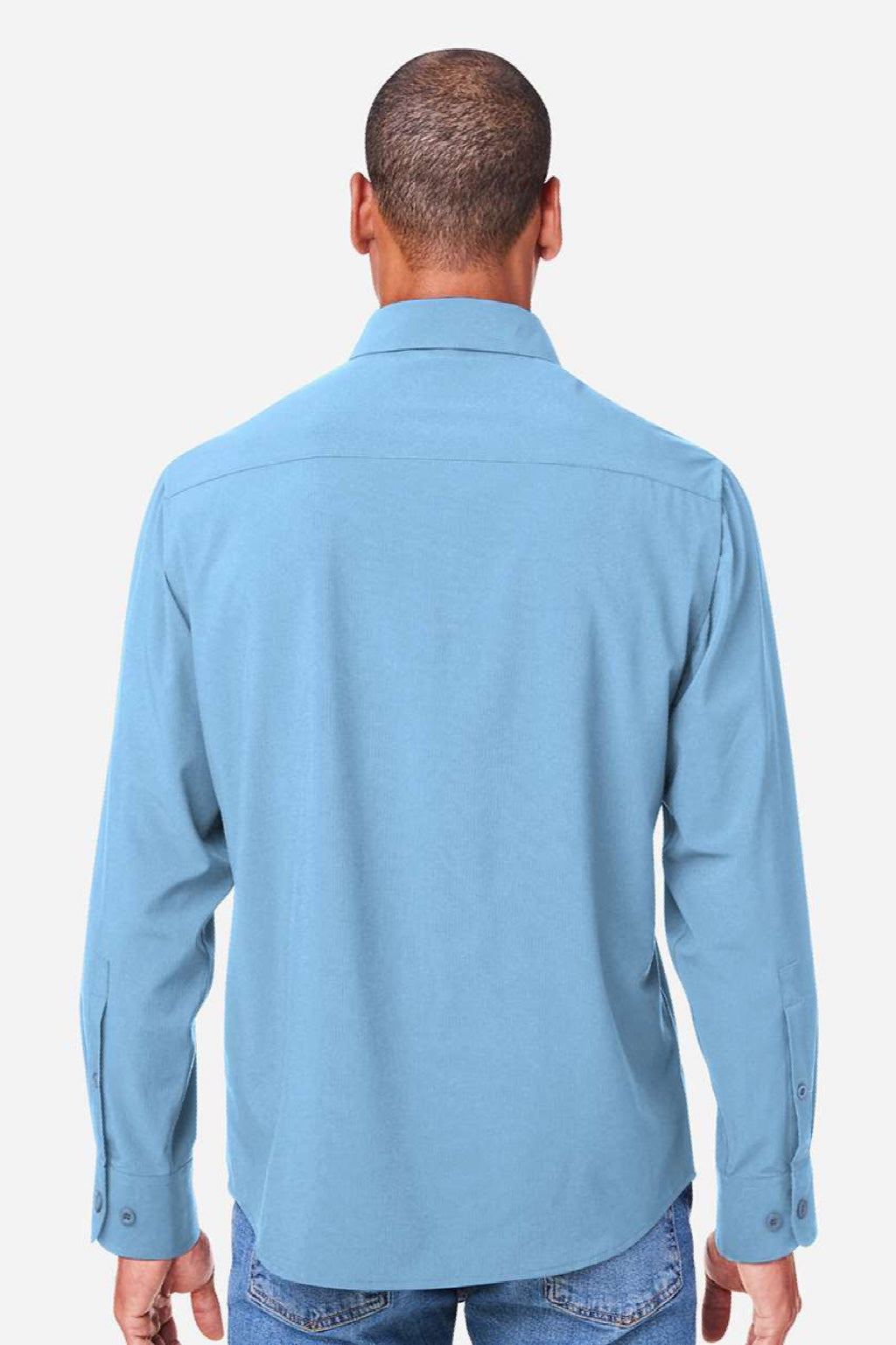 Core 365 CE510L Mens Ultra UVP Marina Long Sleeve Button Down Shirt w/ Double Pockets Columbia Blue Model Back