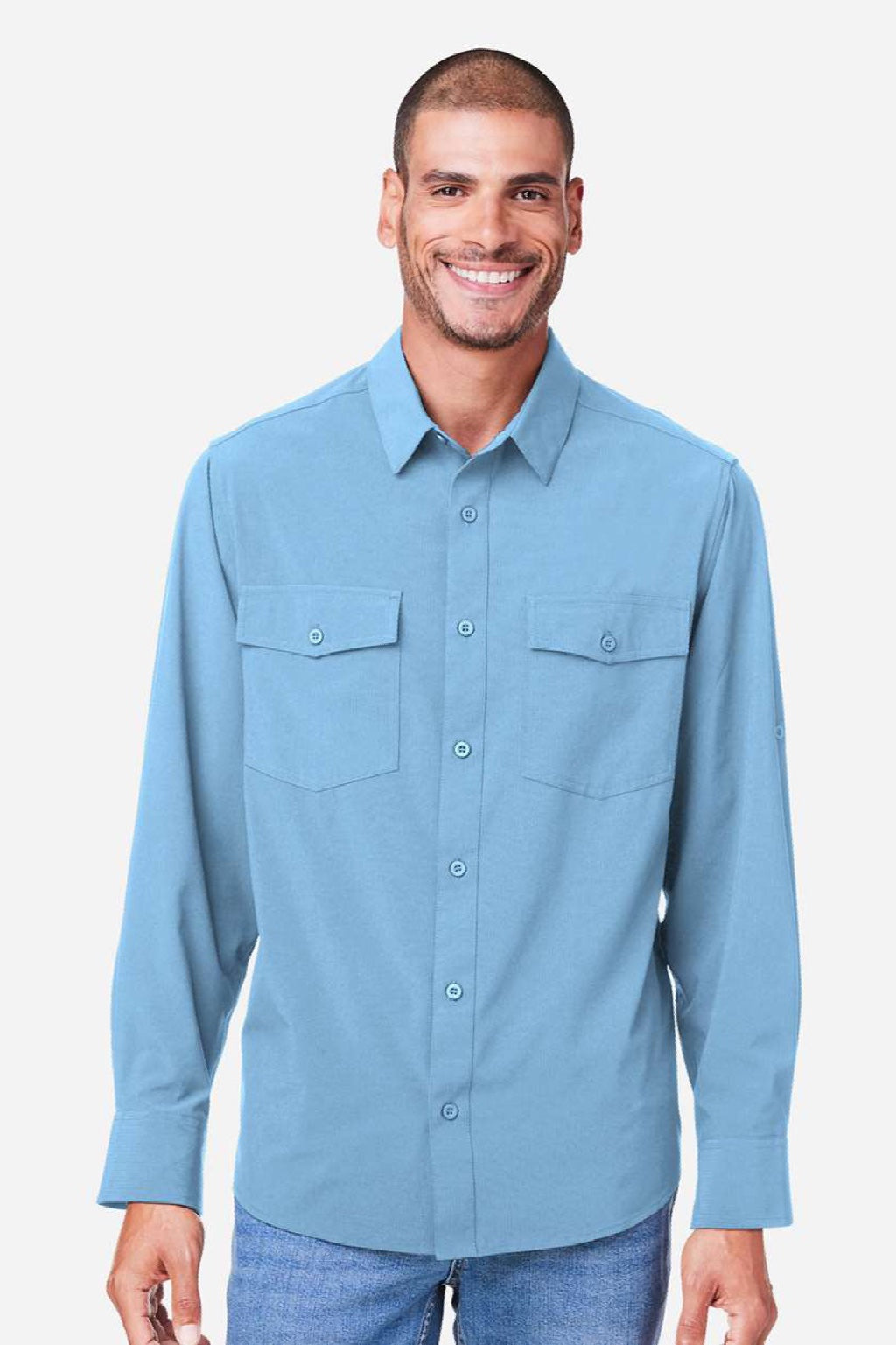 Core 365 CE510L Mens Ultra UVP Marina Long Sleeve Button Down Shirt w/ Double Pockets Columbia Blue Model Front