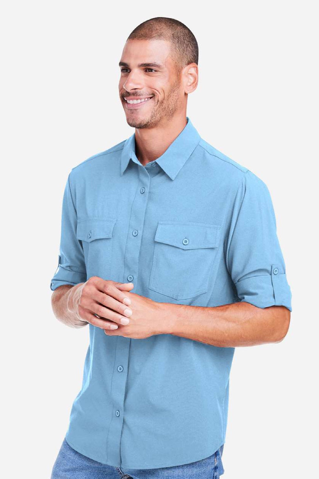Core 365 CE510L Mens Ultra UVP Marina Long Sleeve Button Down Shirt w/ Double Pockets Columbia Blue Model Side