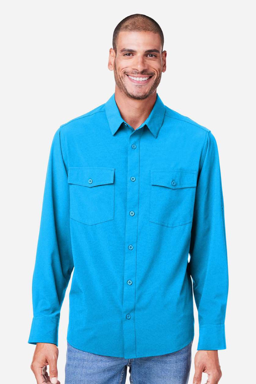 Core 365 CE510L Mens Ultra UVP Marina Long Sleeve Button Down Shirt w/ Double Pockets Electric Blue Model Front