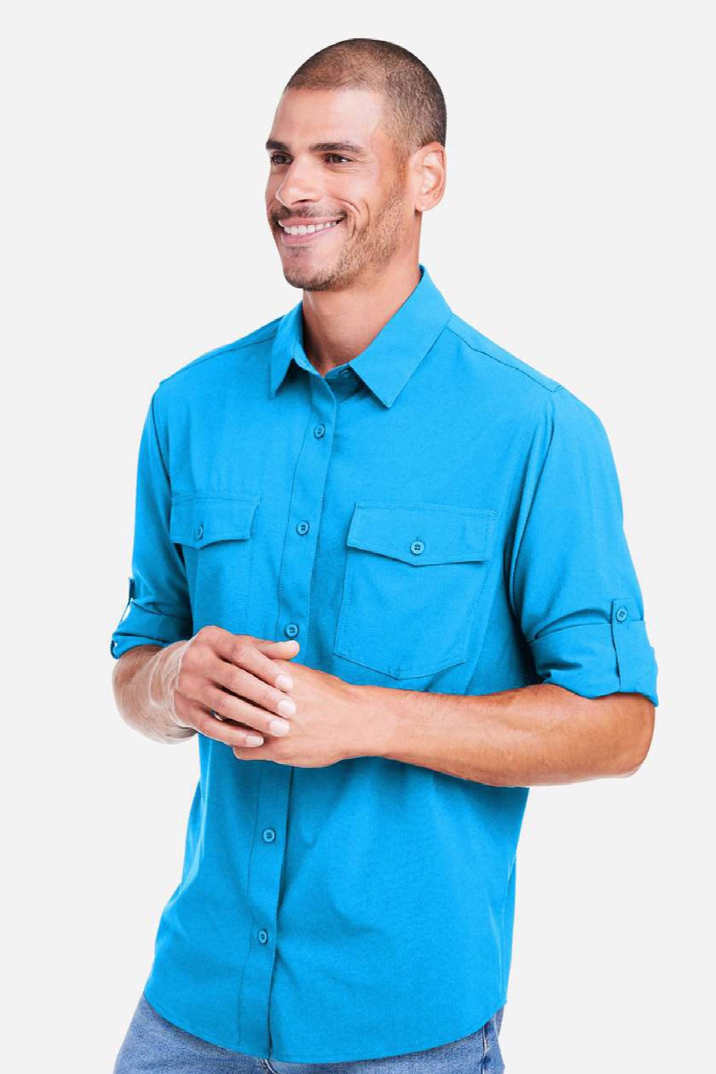 Core 365 CE510L Mens Ultra UVP Marina Long Sleeve Button Down Shirt w/ Double Pockets Electric Blue Model Side