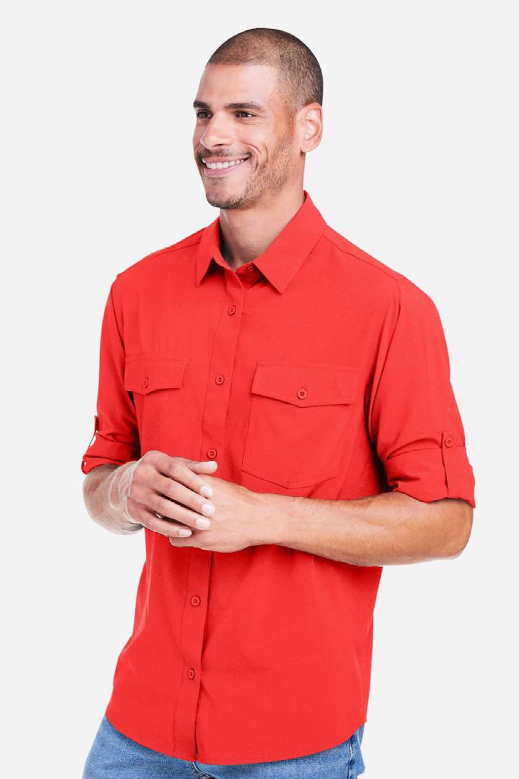 Core 365 CE510L Mens Ultra UVP Marina Long Sleeve Button Down Shirt w/ Double Pockets Marina Red Model Side