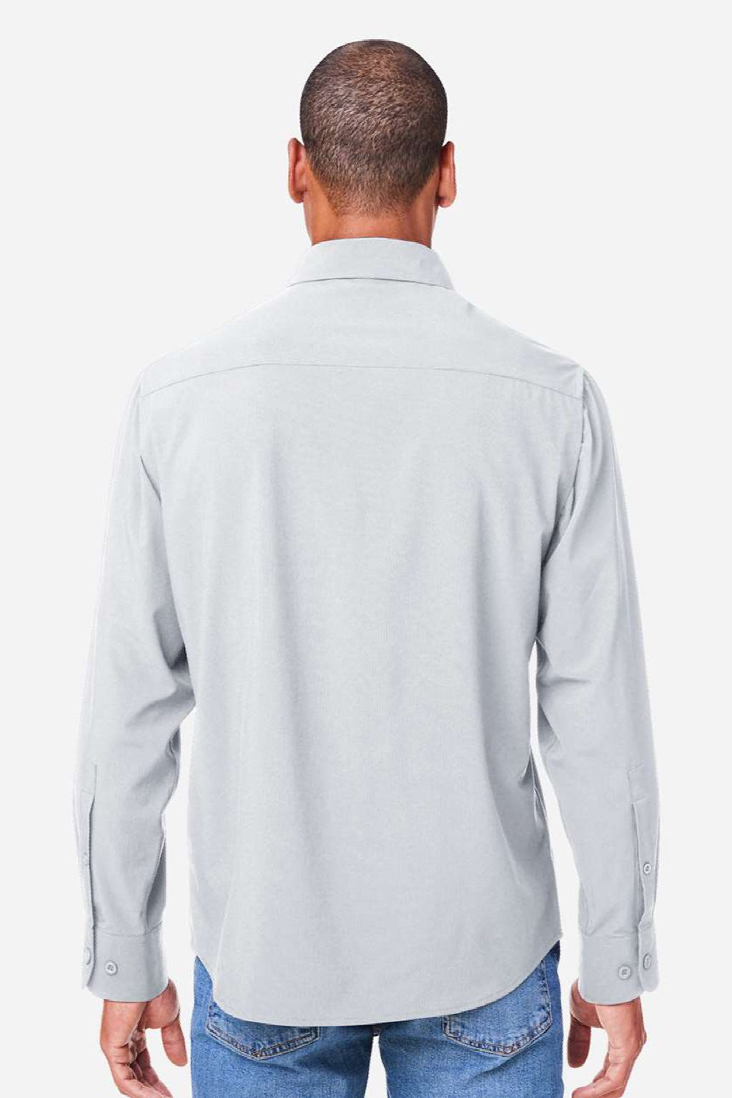 Core 365 CE510L Mens Ultra UVP Marina Long Sleeve Button Down Shirt w/ Double Pockets Platinum Grey Model Back