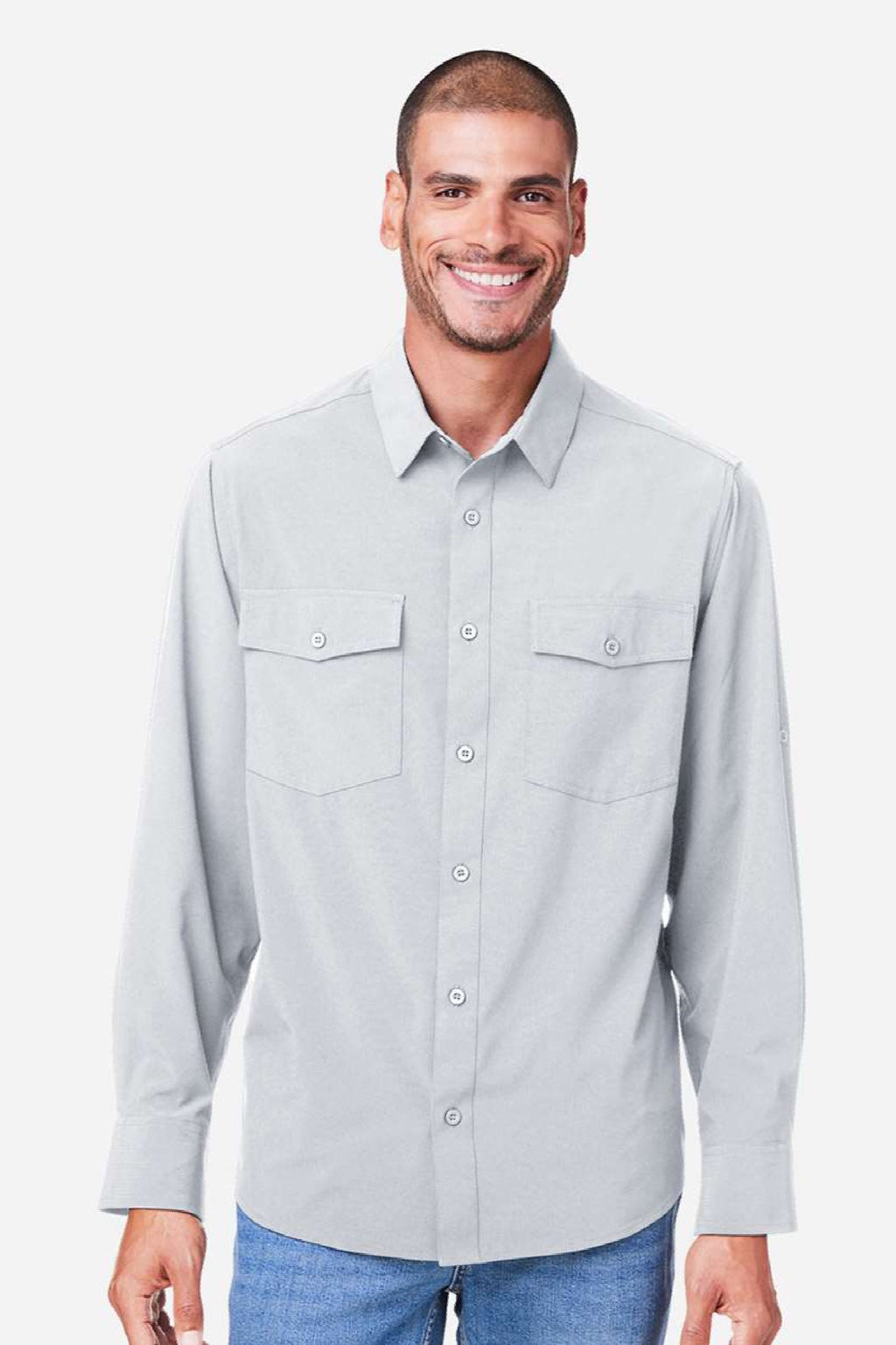 Core 365 CE510L Mens Ultra UVP Marina Long Sleeve Button Down Shirt w/ Double Pockets Platinum Grey Model Front