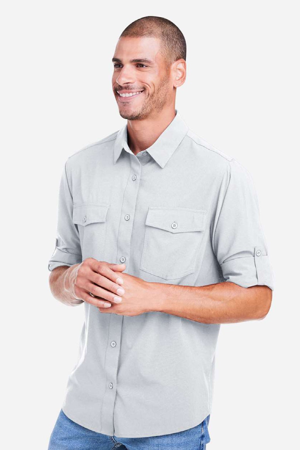 Core 365 CE510L Mens Ultra UVP Marina Long Sleeve Button Down Shirt w/ Double Pockets Platinum Grey Model Side