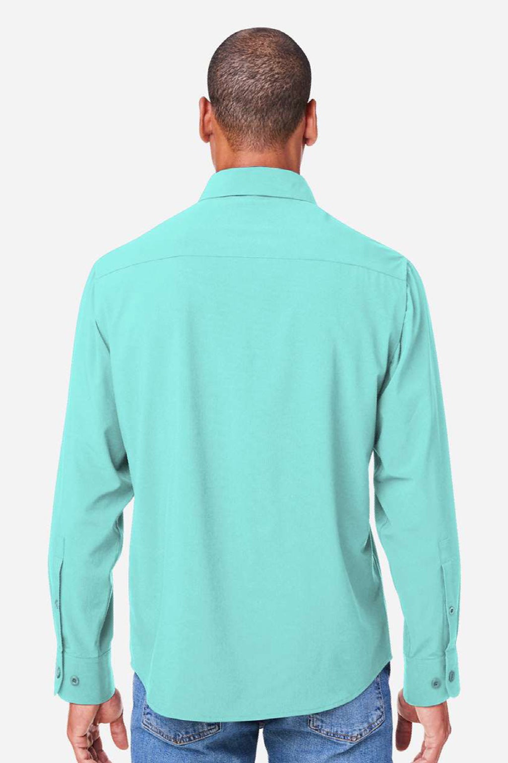Core 365 CE510L Mens Ultra UVP Marina Long Sleeve Button Down Shirt w/ Double Pockets Sea Glass Blue Model Back