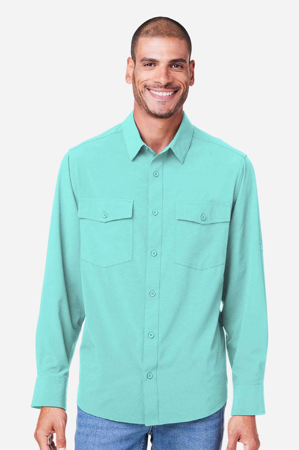 Core 365 CE510L Mens Ultra UVP Marina Long Sleeve Button Down Shirt w/ Double Pockets Sea Glass Blue Model Front
