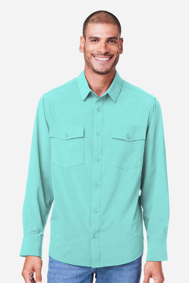 Core 365 CE510L Mens Ultra UVP Marina Long Sleeve Button Down Shirt w/ Double Pockets Sea Glass Blue Model Front