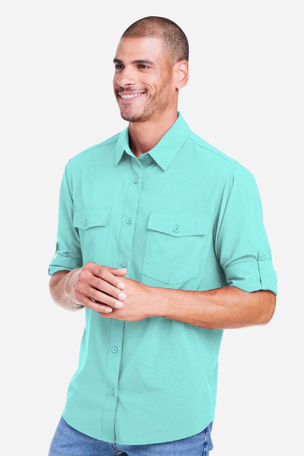 Core 365 CE510L Mens Ultra UVP Marina Long Sleeve Button Down Shirt w/ Double Pockets Sea Glass Blue Model Side