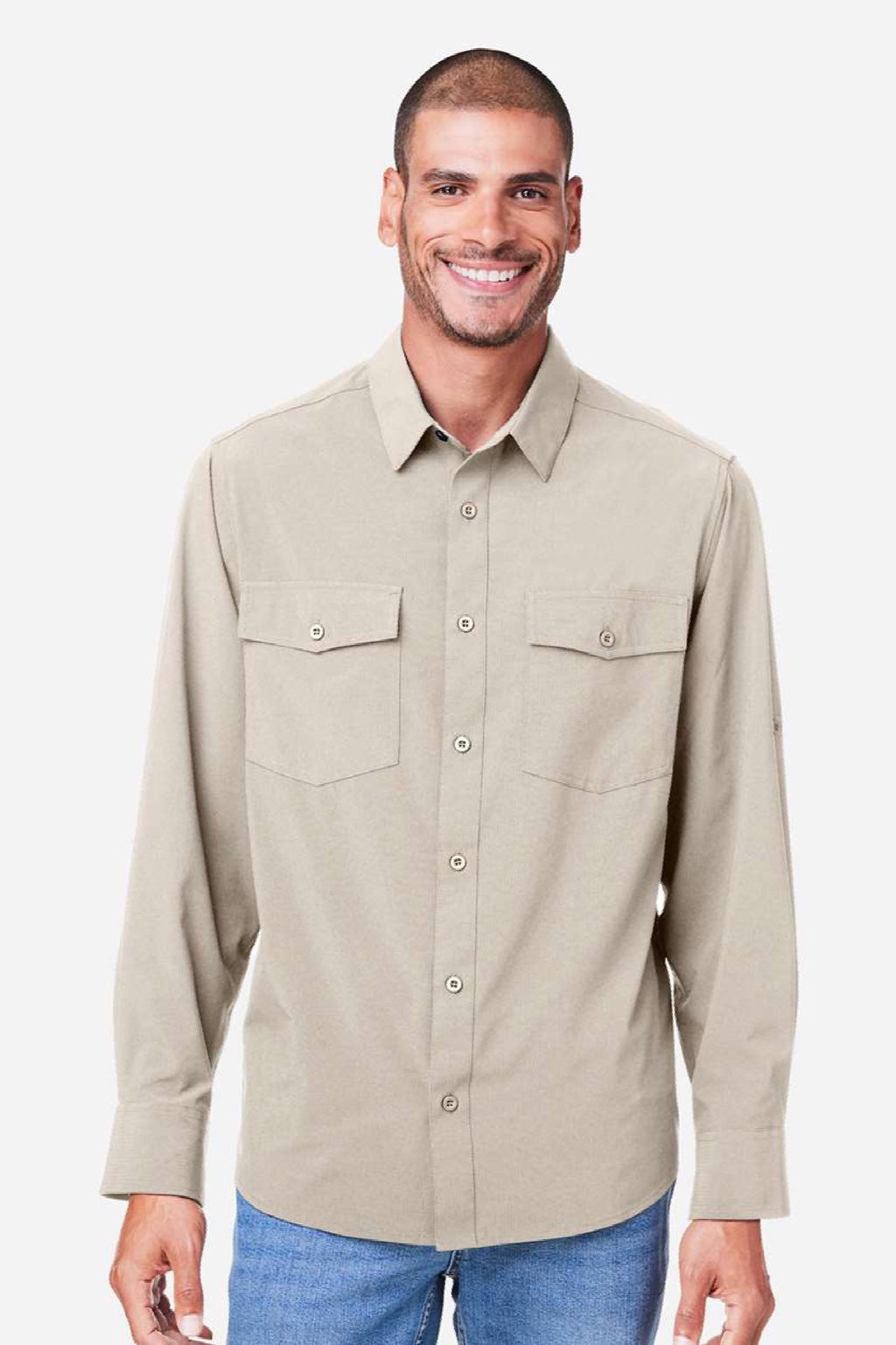 Core 365 CE510L Mens Ultra UVP Marina Long Sleeve Button Down Shirt w/ Double Pockets Stone Brown Model Front