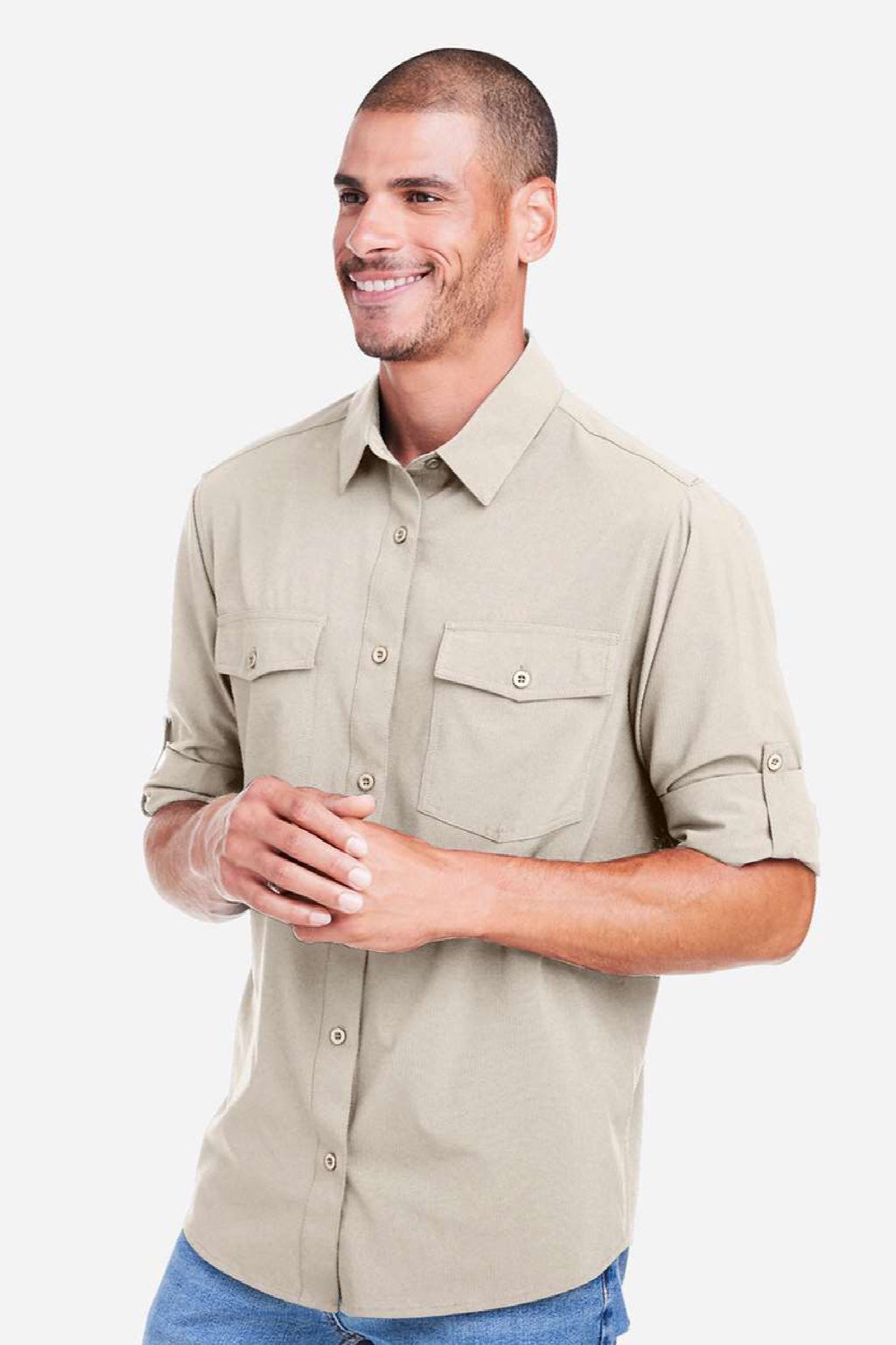 Core 365 CE510L Mens Ultra UVP Marina Long Sleeve Button Down Shirt w/ Double Pockets Stone Brown Model Side