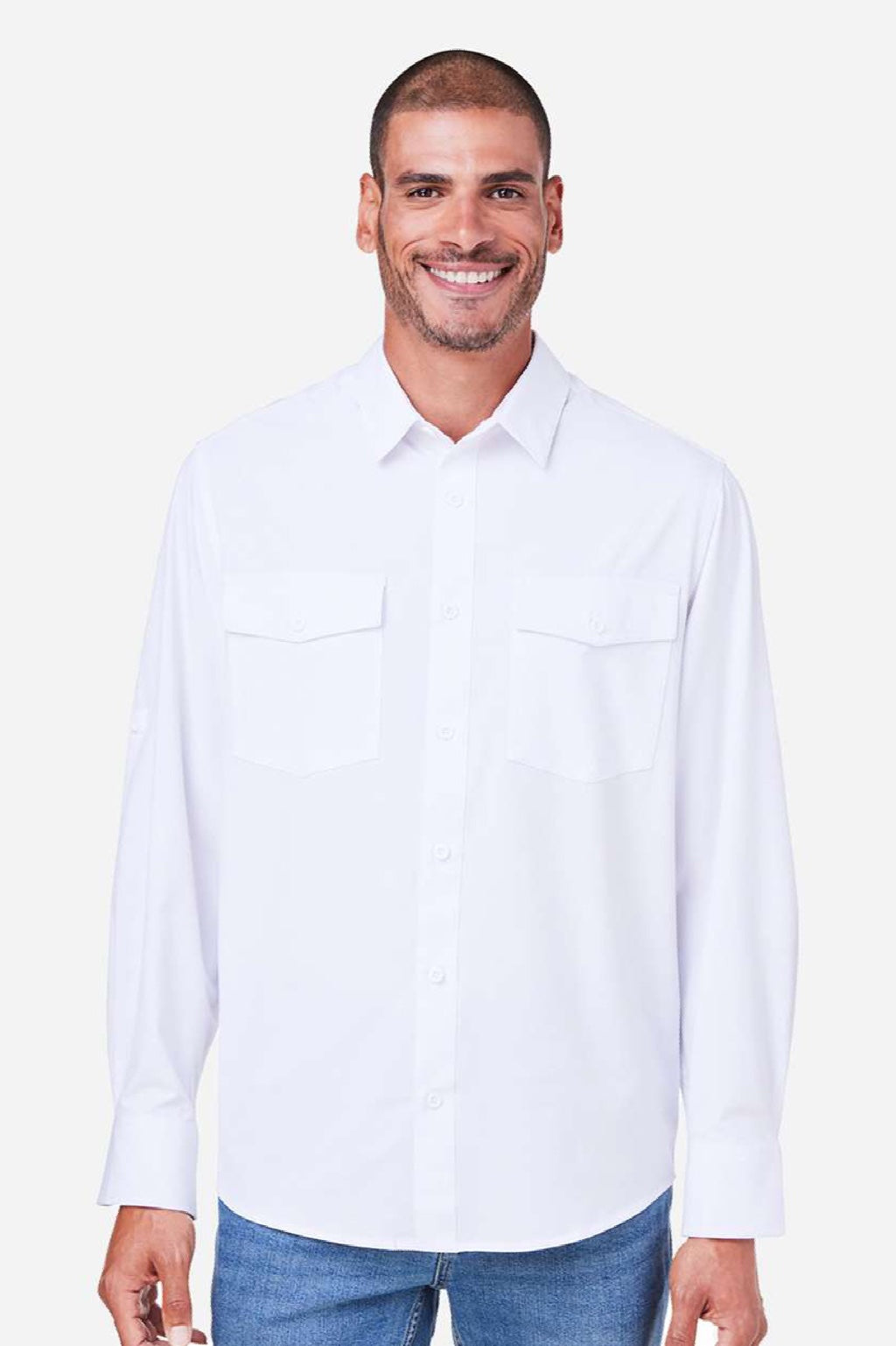 Core 365 CE510L Mens Ultra UVP Marina Long Sleeve Button Down Shirt w/ Double Pockets White Model Front