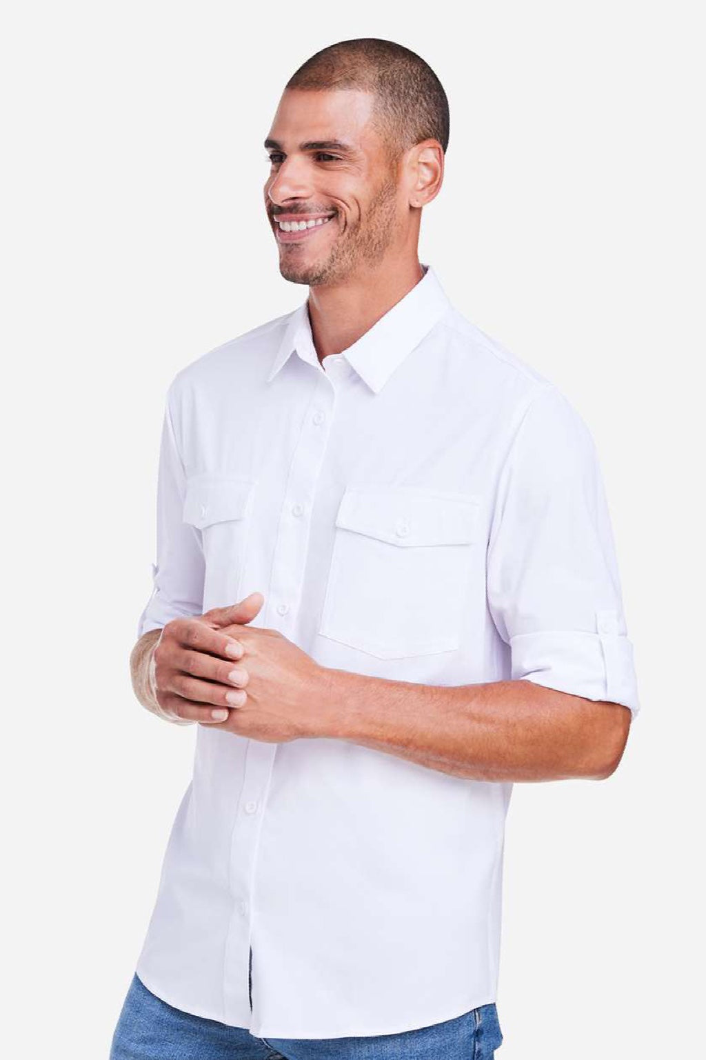 Core 365 CE510L Mens Ultra UVP Marina Long Sleeve Button Down Shirt w/ Double Pockets White Model Side