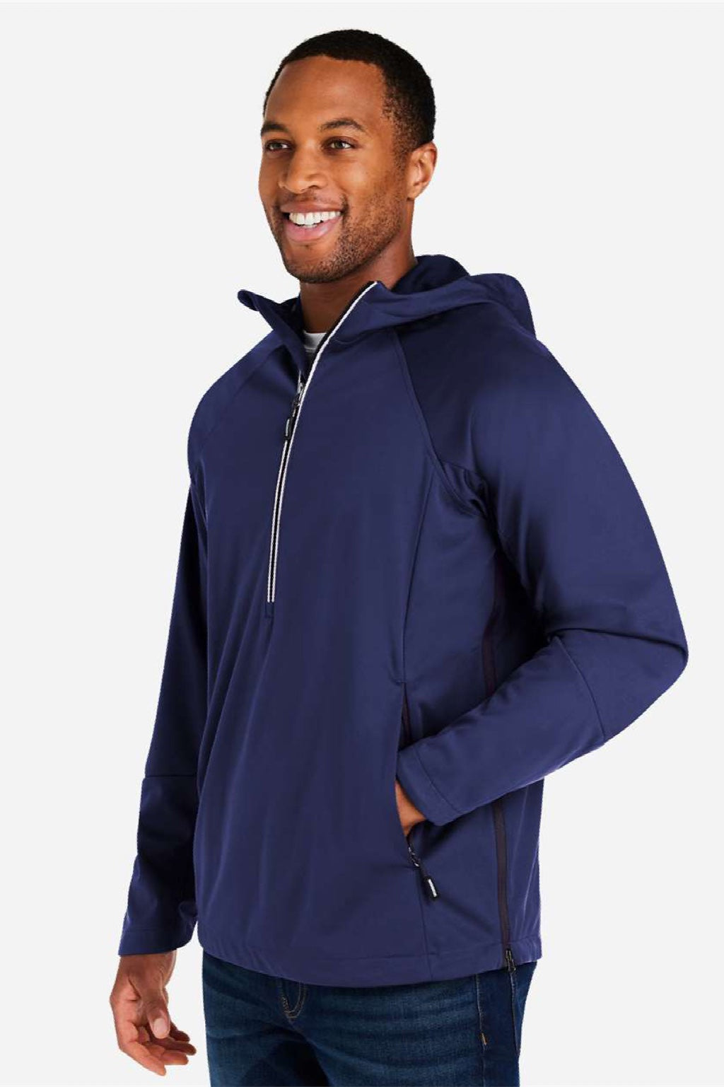 Core 365 CE711 Mens Techno Lite 1/4 Zip Hooded Anorak Jacket Classic Navy Blue Model Side