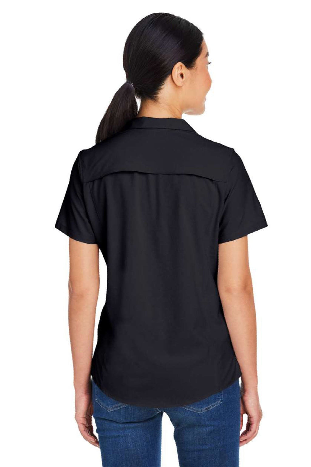 Core 365 CE510W Womens Ultra UVP Marina Short Sleeve Button Down Shirt Black Model Back