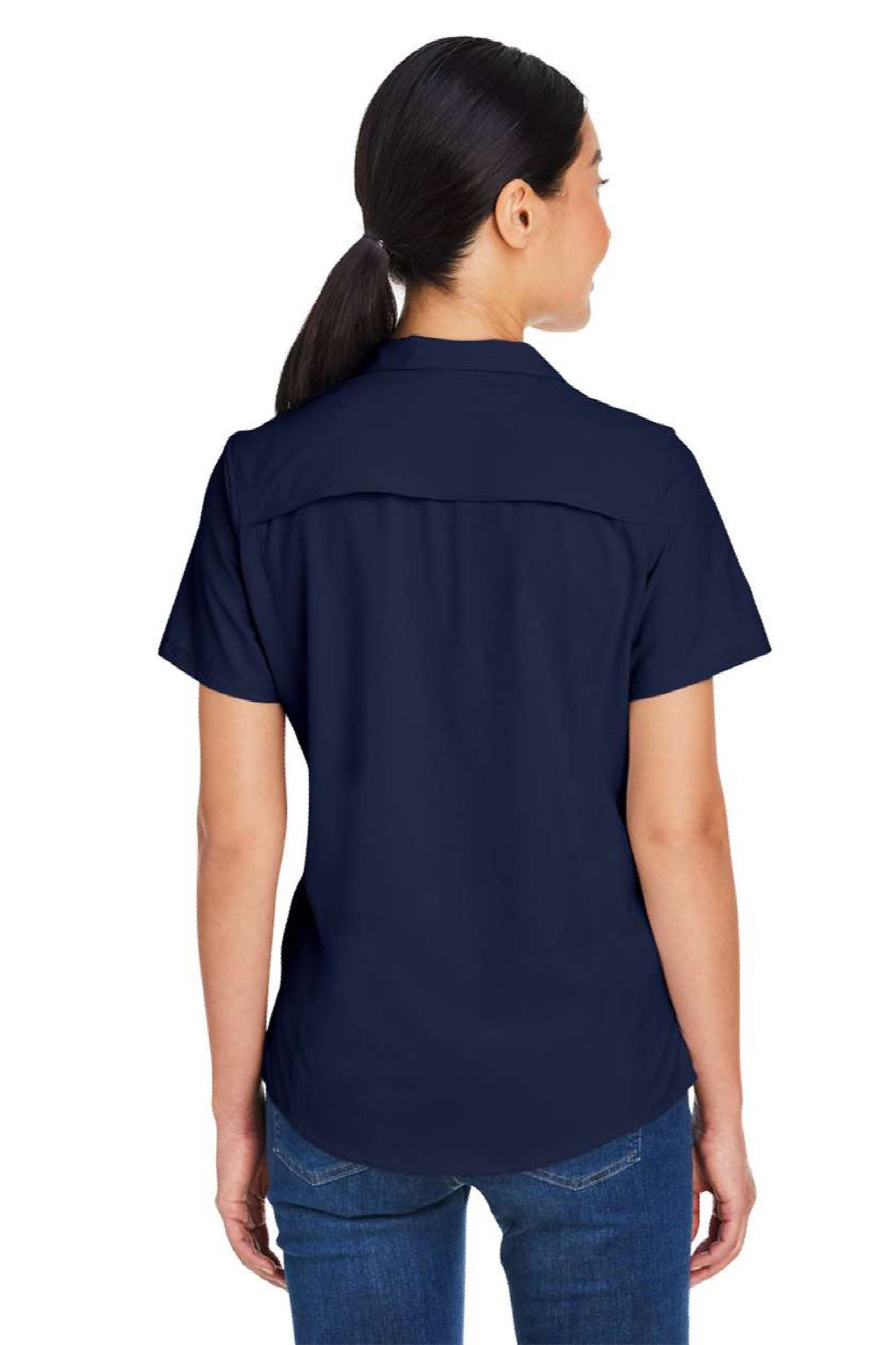 Core 365 CE510W Womens Ultra UVP Marina Short Sleeve Button Down Shirt Classic Navy Blue Model Back
