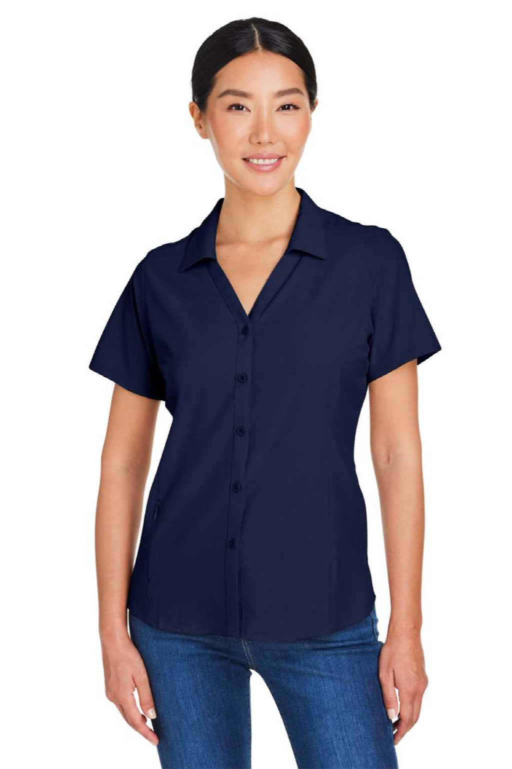 Core 365 CE510W Womens Ultra UVP Marina Short Sleeve Button Down Shirt Classic Navy Blue Model Front