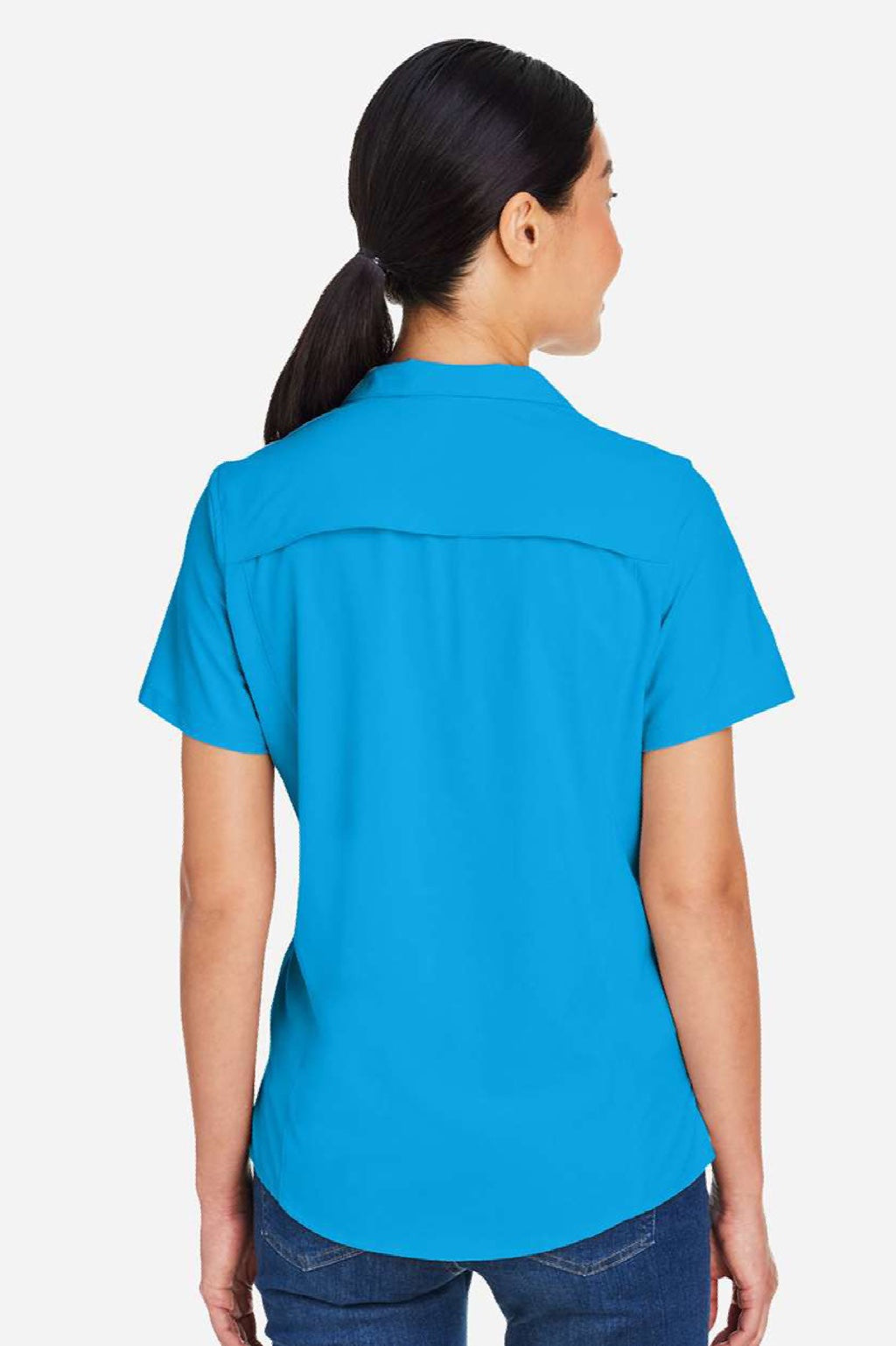 Core 365 CE510W Womens Ultra UVP Marina Short Sleeve Button Down Shirt Electric Blue Model Back