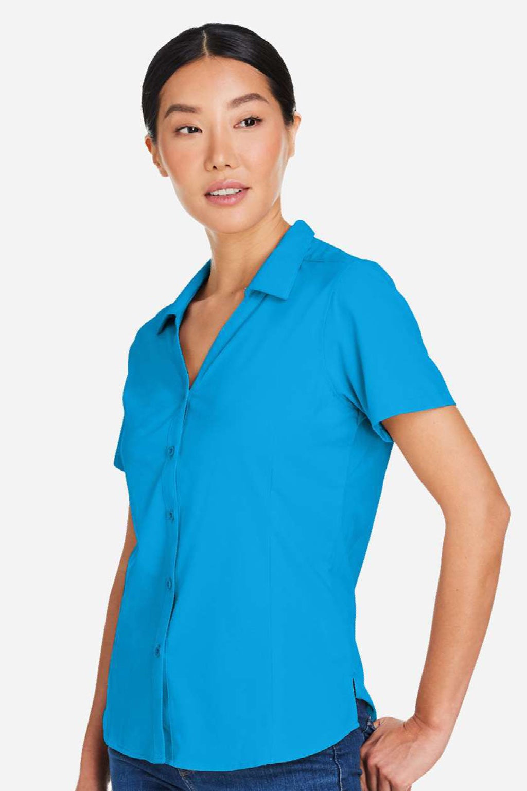 Core 365 CE510W Womens Ultra UVP Marina Short Sleeve Button Down Shirt Electric Blue Model Side