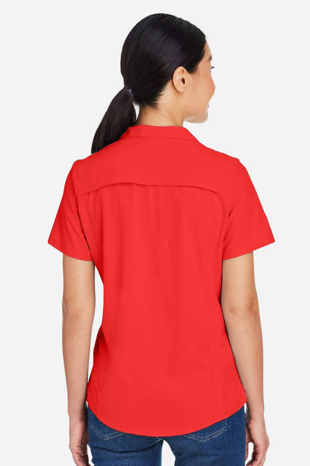 Core 365 CE510W Womens Ultra UVP Marina Short Sleeve Button Down Shirt Marina Red Model Back