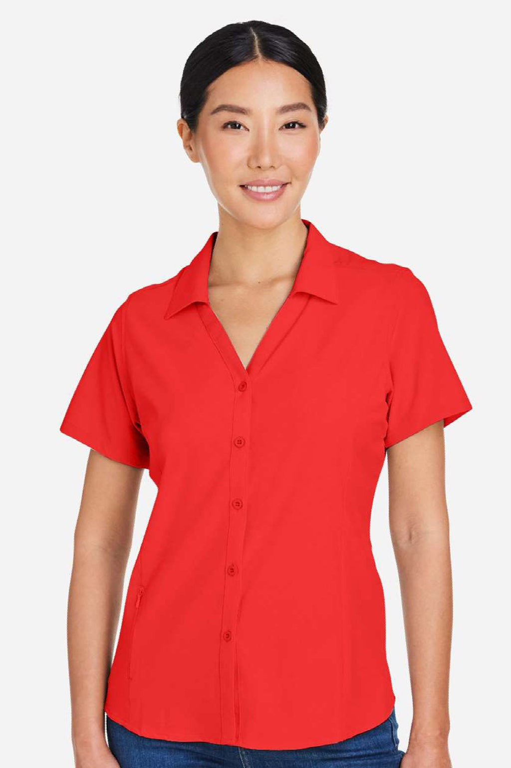 Core 365 CE510W Womens Ultra UVP Marina Short Sleeve Button Down Shirt Marina Red Model Front