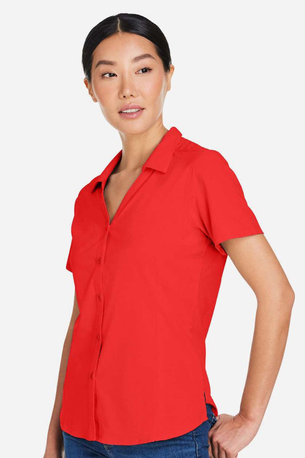 Core 365 CE510W Womens Ultra UVP Marina Short Sleeve Button Down Shirt Marina Red Model Side