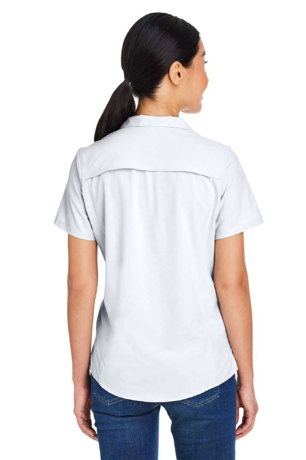 Core 365 CE510W Womens Ultra UVP Marina Short Sleeve Button Down Shirt Platinum Grey Model Back