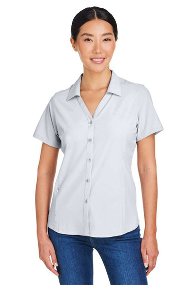 Core 365 CE510W Womens Ultra UVP Marina Short Sleeve Button Down Shirt Platinum Grey Model Front