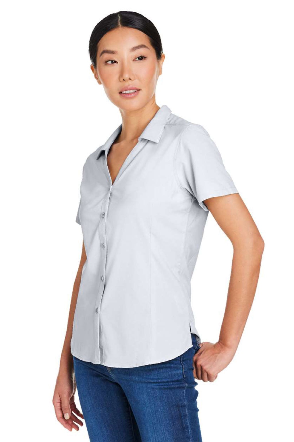 Core 365 CE510W Womens Ultra UVP Marina Short Sleeve Button Down Shirt Platinum Grey Model Side