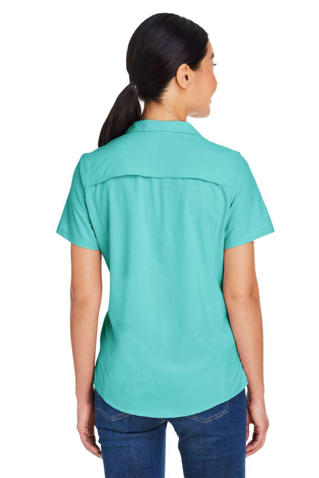 Core 365 CE510W Womens Ultra UVP Marina Short Sleeve Button Down Shirt Sea Glass Blue Model Back