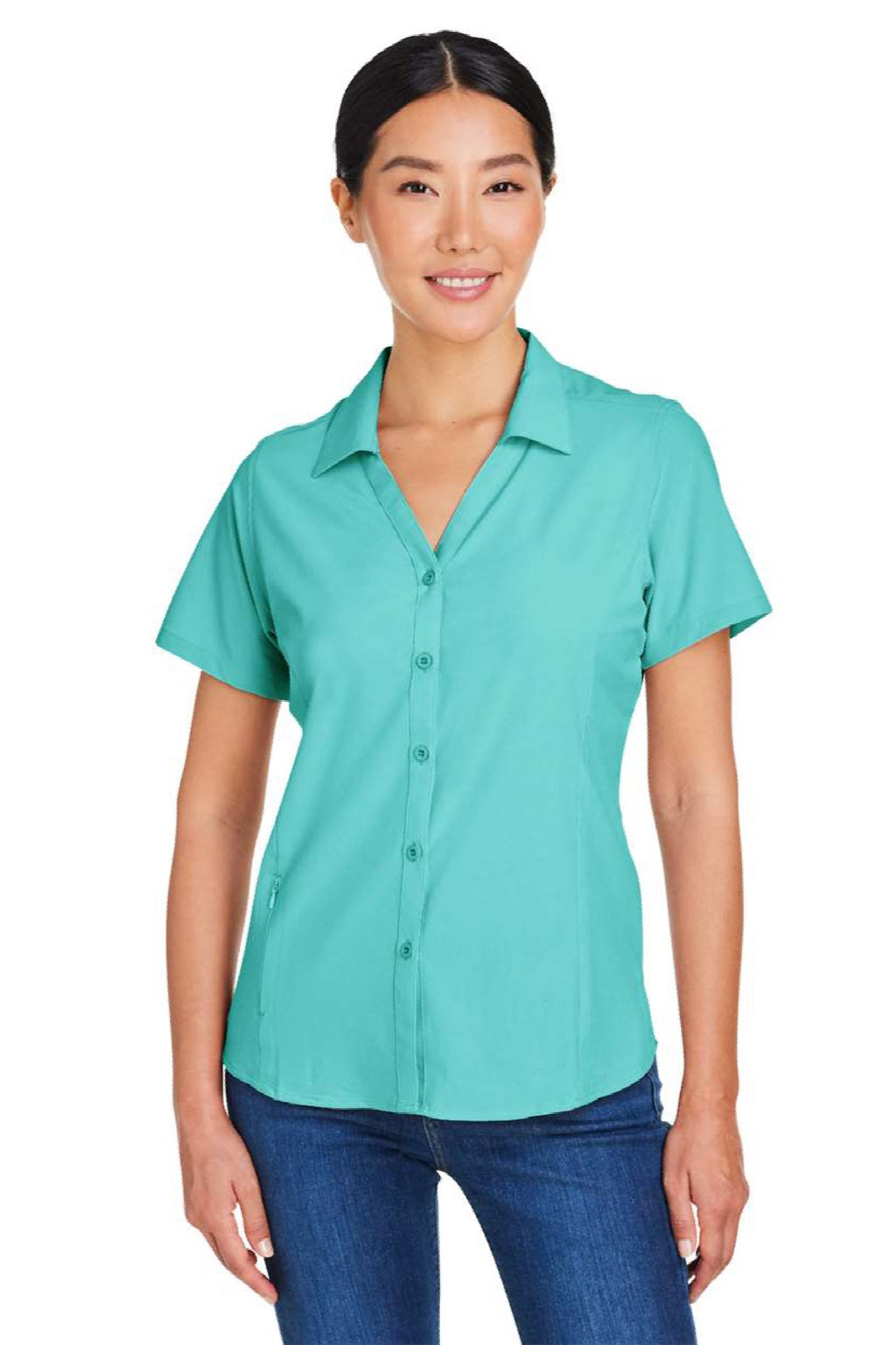 Core 365 CE510W Womens Ultra UVP Marina Short Sleeve Button Down Shirt Sea Glass Blue Model Front