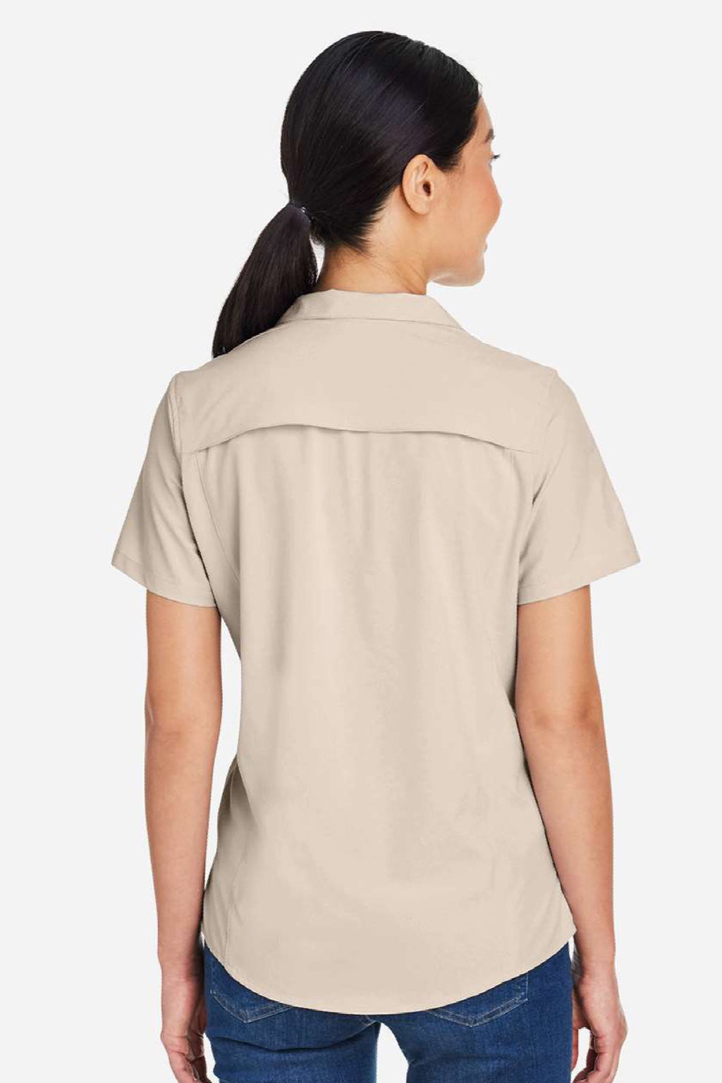 Core 365 CE510W Womens Ultra UVP Marina Short Sleeve Button Down Shirt Stone Brown Model Back