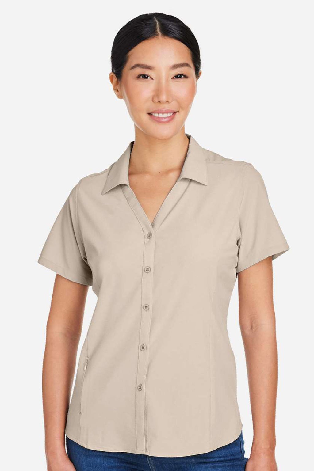 Core 365 CE510W Womens Ultra UVP Marina Short Sleeve Button Down Shirt Stone Brown Model Front