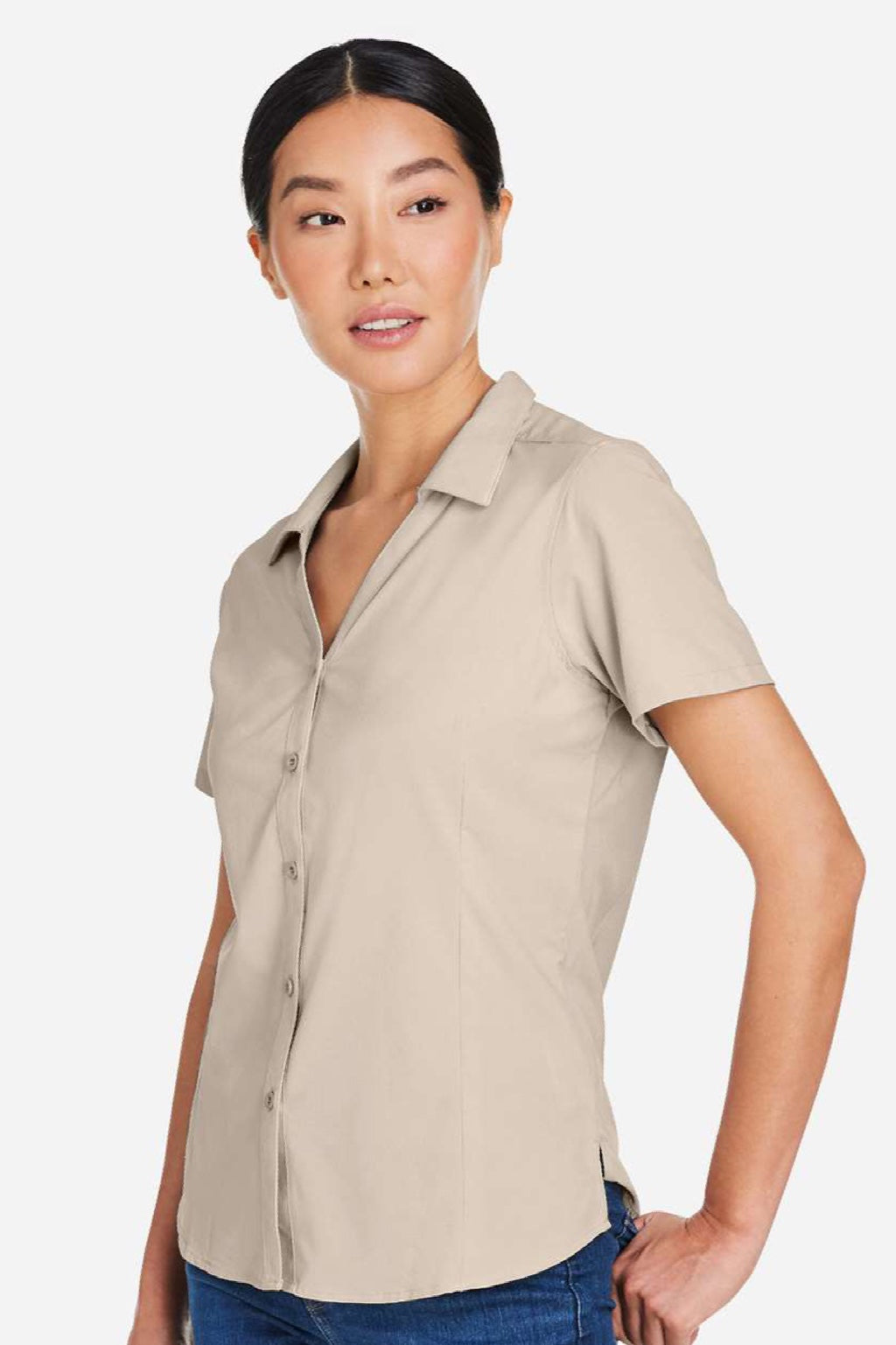 Core 365 CE510W Womens Ultra UVP Marina Short Sleeve Button Down Shirt Stone Brown Model Side