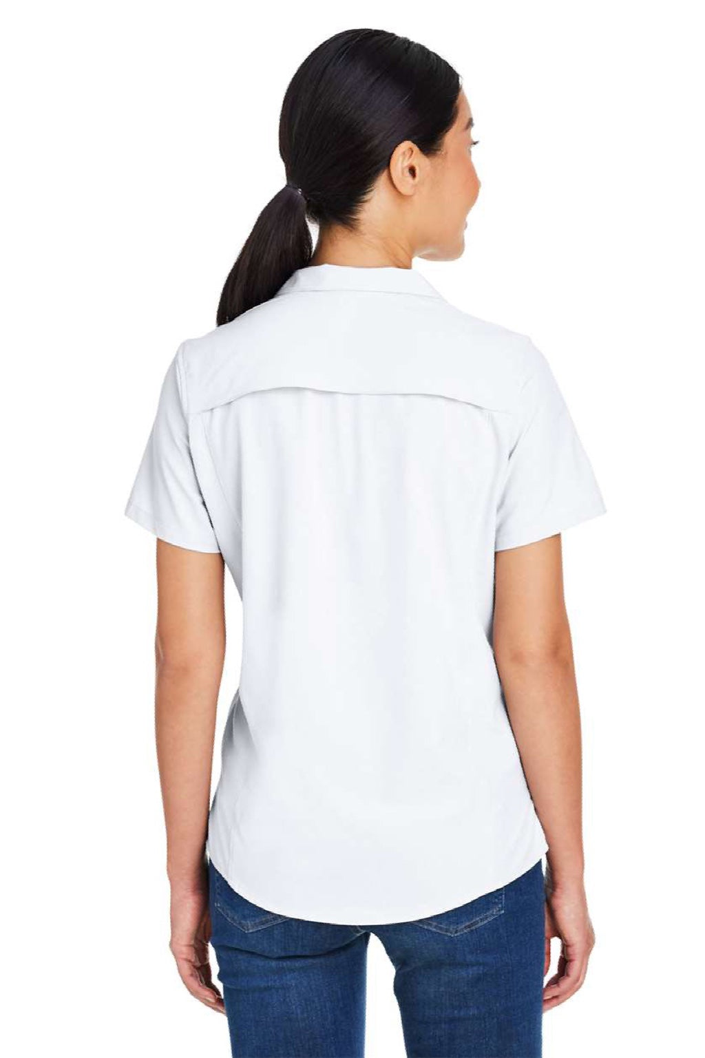 Core 365 CE510W Womens Ultra UVP Marina Short Sleeve Button Down Shirt White Model Back