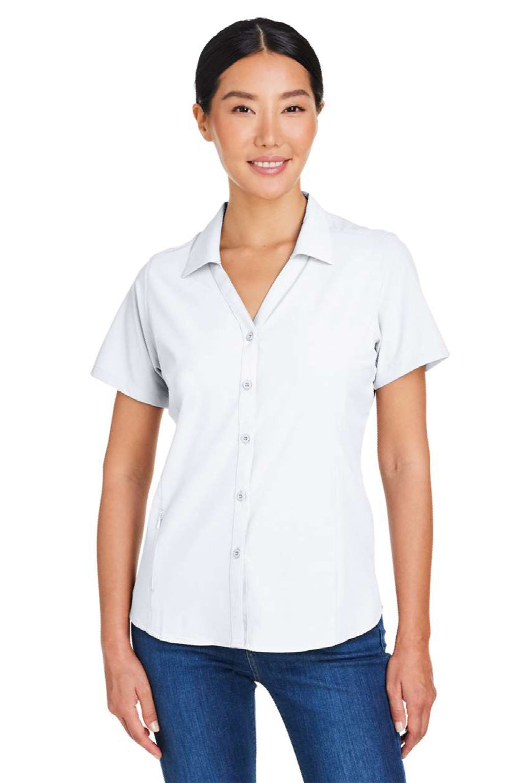 Core 365 CE510W Womens Ultra UVP Marina Short Sleeve Button Down Shirt White Model Front
