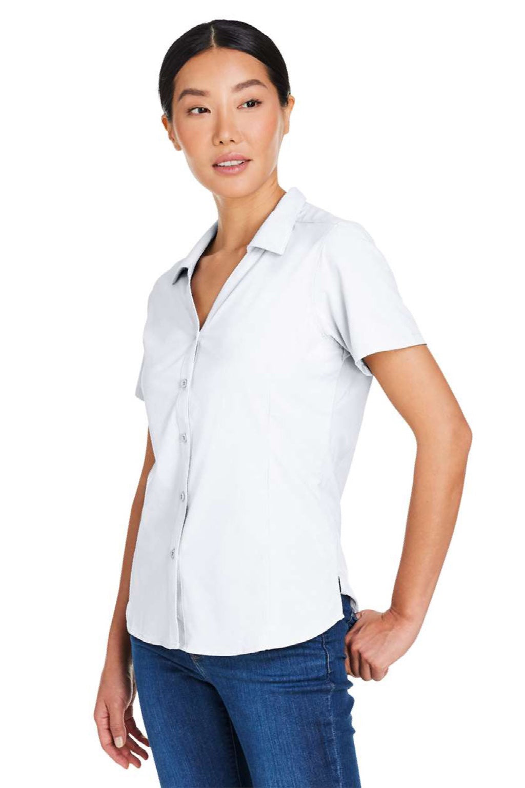 Core 365 CE510W Womens Ultra UVP Marina Short Sleeve Button Down Shirt White Model Side