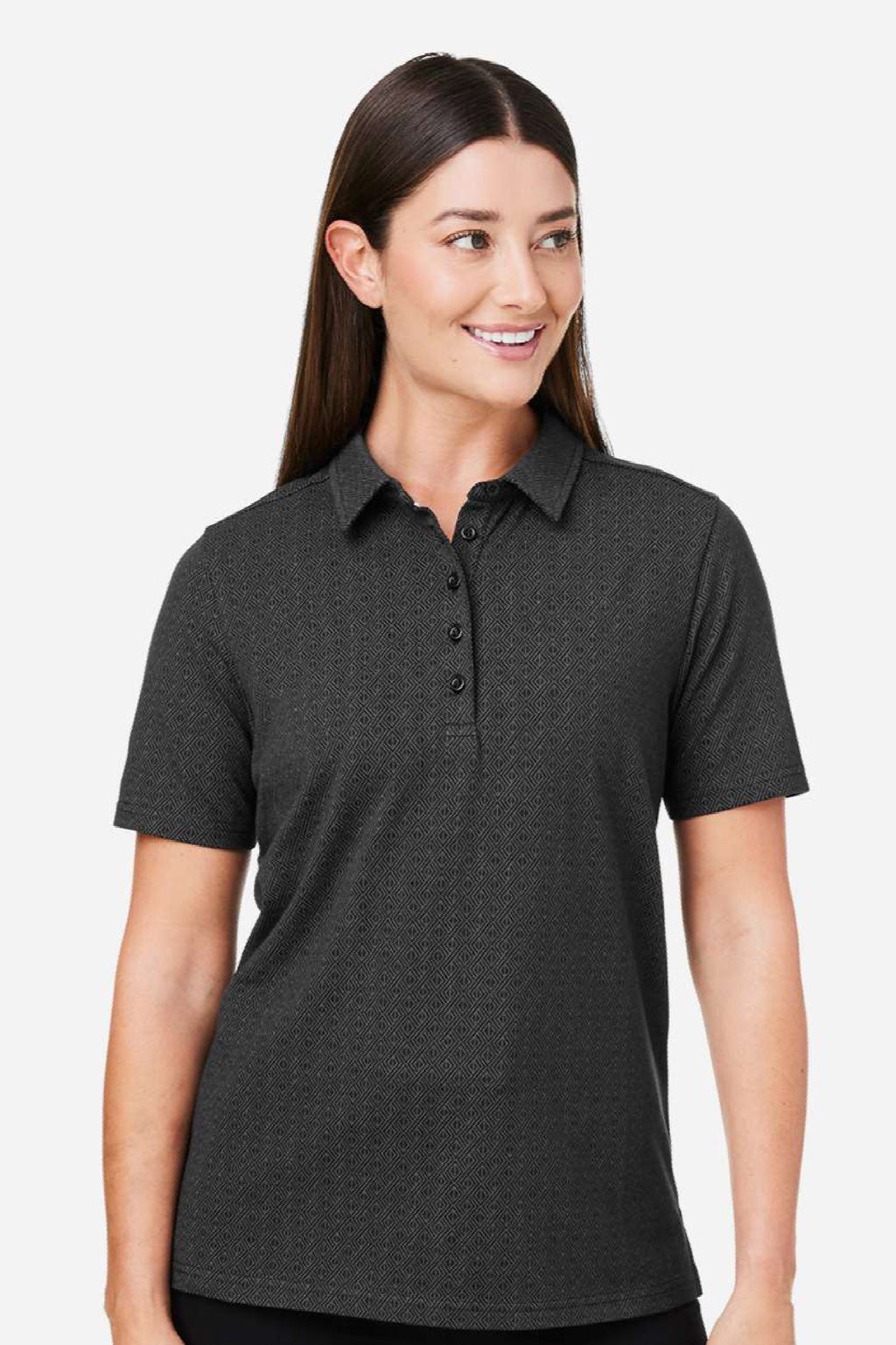 Devon & Jones DG101W Womens Crownlux Performance Geo Short Sleeve Polo Shirt Black/Graphite Grey Model Front